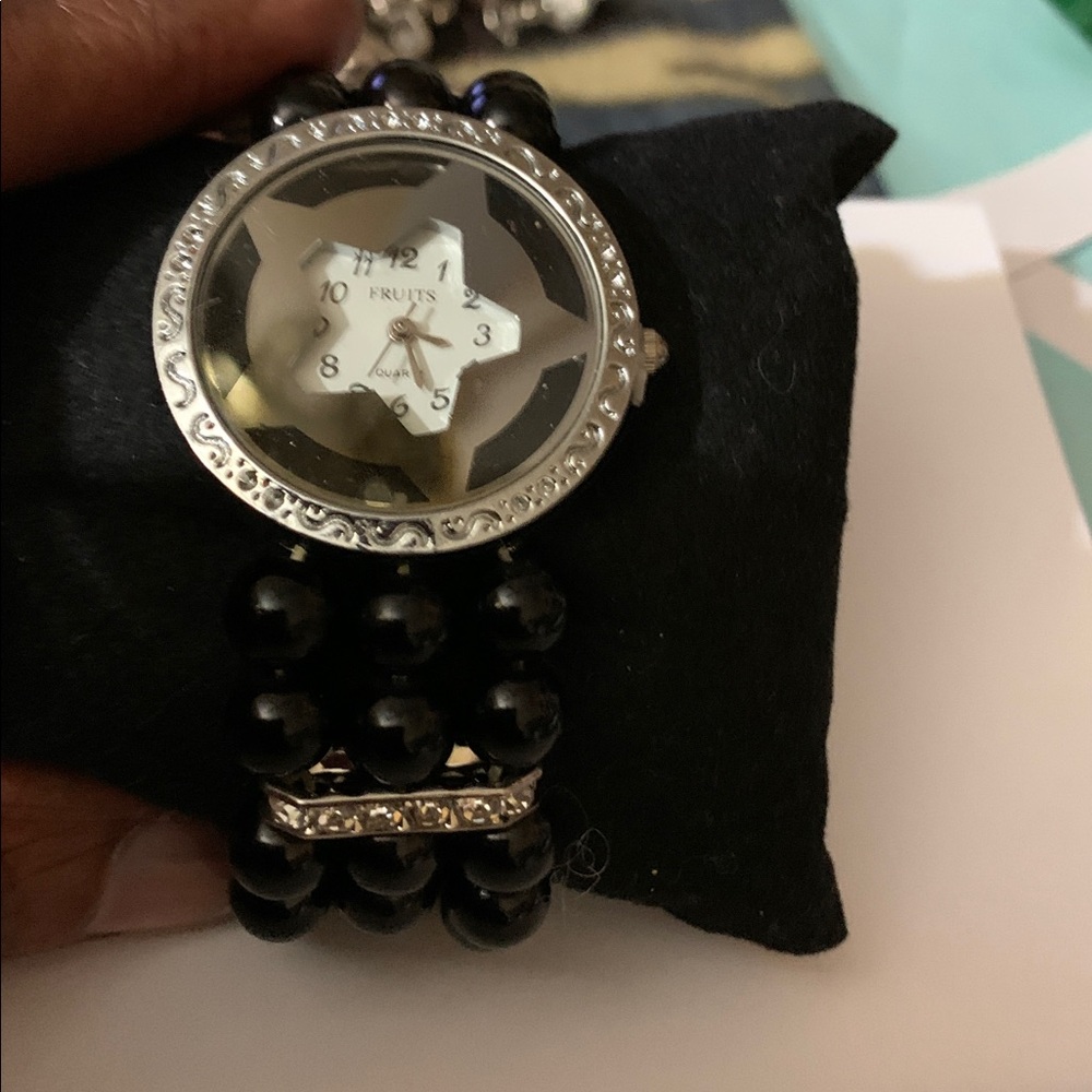 New Black Beaded Stretch Watch with Silver Accents